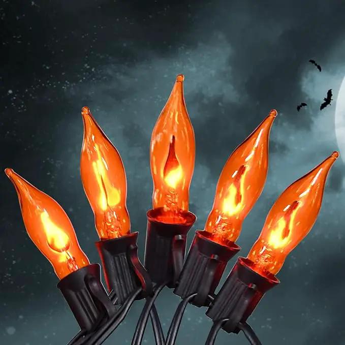 Flickering Flame String Lights Orange Halloween Lights with 10 Pack C7 Orange Flame Light Bulbs, 12.8Ft Orange Flame String Lights for Halloween Decorations for Home Party Yard by GreenHaven Gardens