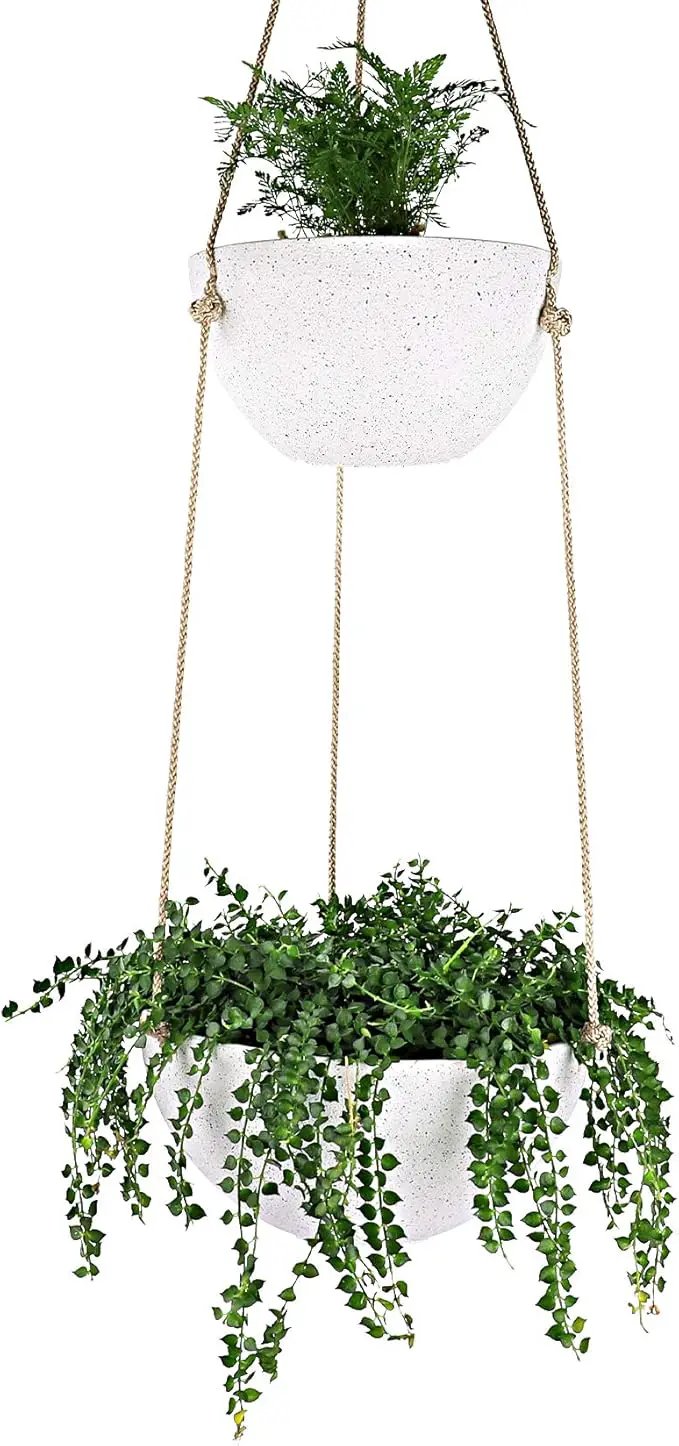 LA JOLIE MUSE 2 Tier Hanging Planters for Indoor & Outdoor Plants - Modern Flower Pots with Rope, Garden Planters with Drain Holes, Speckled White by GreenHaven Gardens