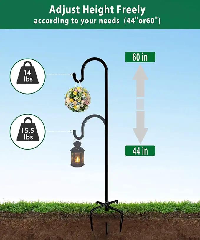 Artibear Adjustable Outdoor Shepherd Hook Stand with 5 Prong Base, 60 Inches Tall 3/5 in Thick, Shiny Black (2 Packs) by GreenHaven Gardens