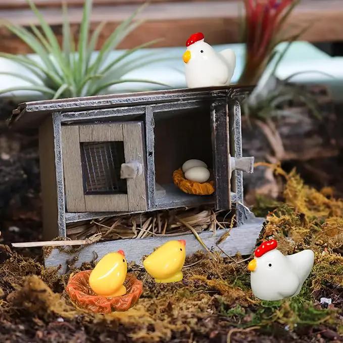 Hiawbon Miniature Retro Wooden Chicken Coop Mini Family Chicken,Hen,Chick,Egg,Chicken Nest Ornament Micro Landscape Fairy Garden Decor by GreenHaven Gardens
