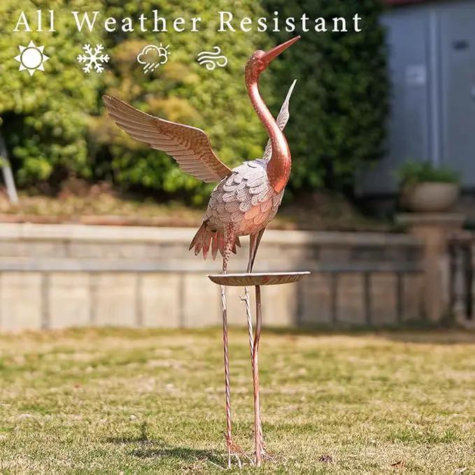 Crane Garden Statue with Birdbath, 40'' Heron Garden Statue, Crane Metal Yard Art for Outside, Backyard, Lawn, Porch Decor by GreenHaven Gardens