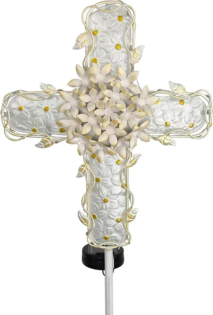 38Inch Solar Cross Garden Lights Outdoor Decorative - Solar Metal&Glass Cross White Hydrangea Flower Stake Lights- Waterproof 20 Warm White LED for Remembrance Gifts & Sympathy Gifts. by GreenHaven Gardens