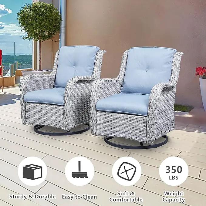 5 Piece Outdoor Patio Furniture Set - Wicker Furniture Patio Conversation Set, Outdoor Swivel Rocker Chairs with 3-Seater Sofa and 2 Ottomans for Small Space, Baby Blue Cushion by GreenHaven Gardens