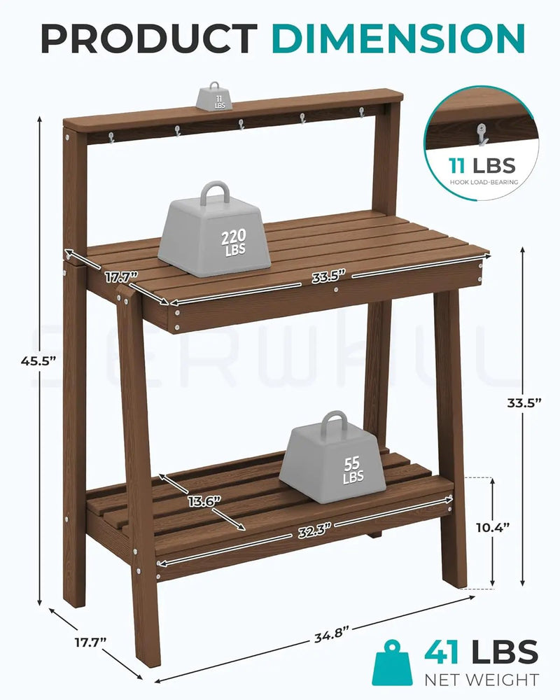 SERWALL Potting Bench Outdoor with Storage, 3-Tier HDPE Gardening Table with Angled Legs & Tool Hooks, All-Weather Heavy Duty Potting Table for Patio, Backyard, Garden, Brown by GreenHaven Gardens