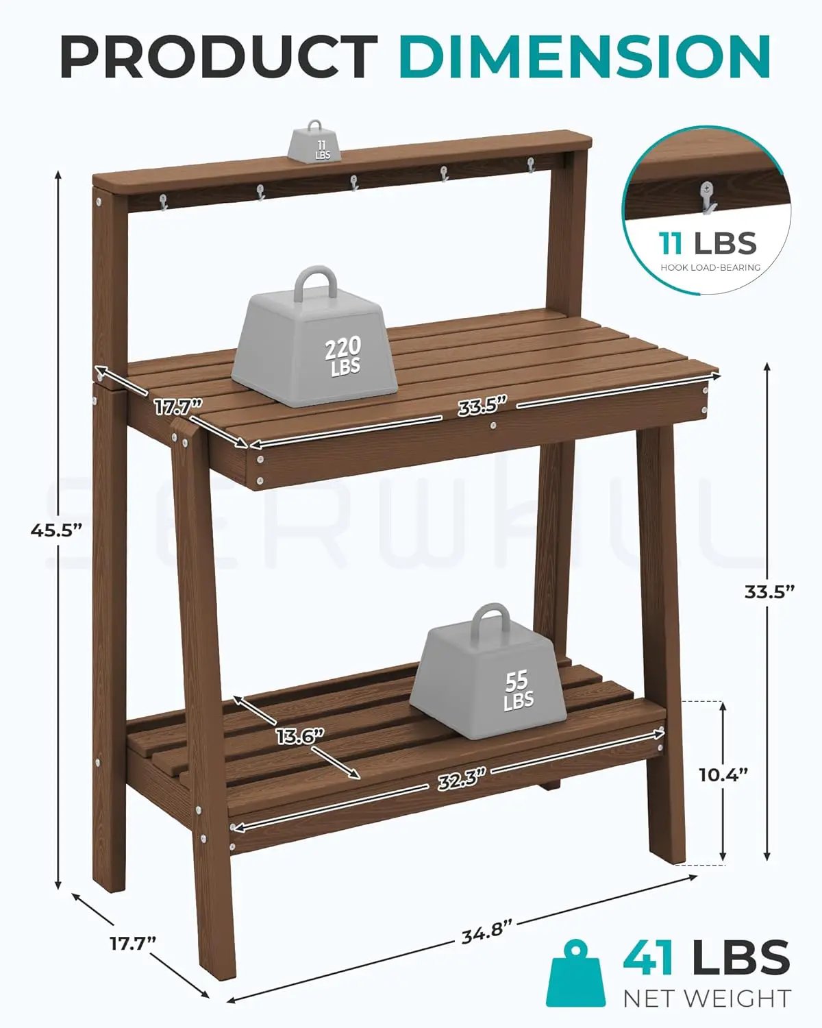SERWALL Potting Bench Outdoor with Storage Set of 2, 3-Tier HDPE Gardening Table with Angled Legs & Tool Hooks, All-Weather Heavy Duty Potting Table for Patio, Backyard, Garden, Brown by GreenHaven Gardens