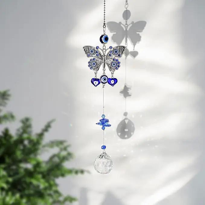 Turkish Blue Evil Eye Butterfly Wall Hanging with Crystal Suncatcher Ornament for Home Decor Protection Good Luck Blessing Housewarming Birthday Gift by GreenHaven Gardens