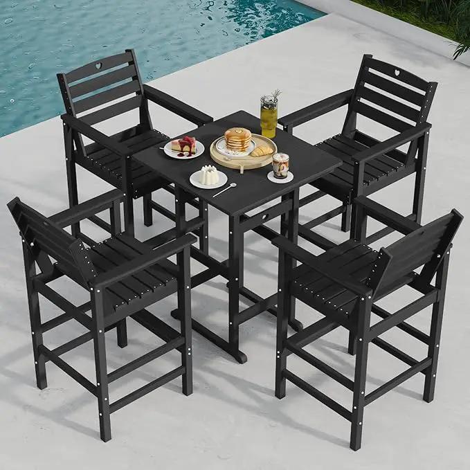 Tall Adirondack Chairs Set of 2, HDPE Wood Balcony Adirondack Chairs Set with Heart Cutout Design, Weather-Resistant Bar Height Furniture for Deck, Porch, Pool (Black) by GreenHaven Gardens