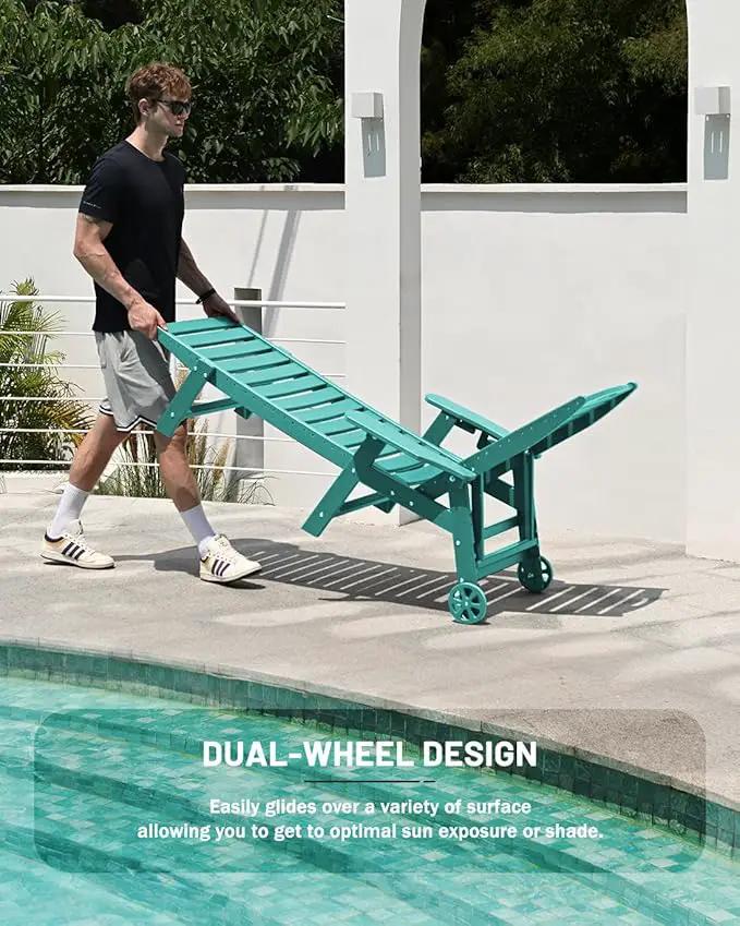 Lounge Chair Outdoor, Chaise Lounge, HDPE 6-Position Outdoor Chaise Lounge, Patio Lounge Chair with Wheels & Cup Holder for Pool Poolside Deck Backyard, Lake Blue by GreenHaven Gardens