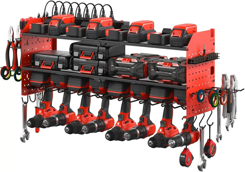 JUNNUJ Large Pegboard Power Tool Organizer with Charging Station, 8 Drills Driver and Tools Battery Holder Wall Mount with 8 Outlet Power Strip, Red 3-Layer Shop Garage Storage Utility Rack by GreenHaven Gardens