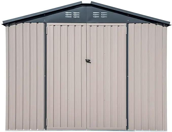 Metal Outdoor Galvanized Steel Storage Shed with Lockable Doors for Backyard or Patio Storage of Bikes, Grills, Supplies, Tools, Toys, for Lawn, Garden, and Camping, Tan (8x6) by GreenHaven Gardens