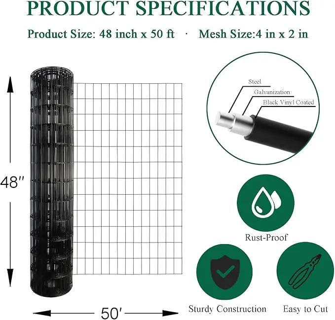 Black PVC Coated Welded Wire Fence 48 Inch x 50 Foot, 2 Inch x 4 Inch 14GA, Garden Border Fencing Roll Vinyl Coating Metal Wire Mesh Hardware Cloth for Yard Vegetable Plant Protection by GreenHaven Gardens