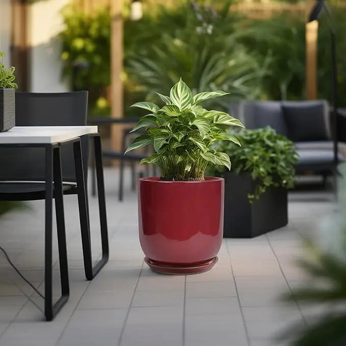 Ceramic Pots for Plants - 12 Inch Plant Pot Indoor with Drainage Hole and Saucer Large Planter Outdoor Flower Pot for Home Patio Office Decor Red by GreenHaven Gardens
