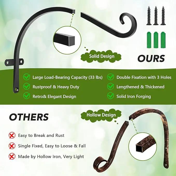 HOOPLE Plant Hangers Outdoor Heavy Duty 4 Pack, Cast Iron Bird Feeder Hanger, Metal Black Plant Brackets Hook for Hanging Flower Baskets, Elegant Design, Large Bearing Capacity by GreenHaven Gardens