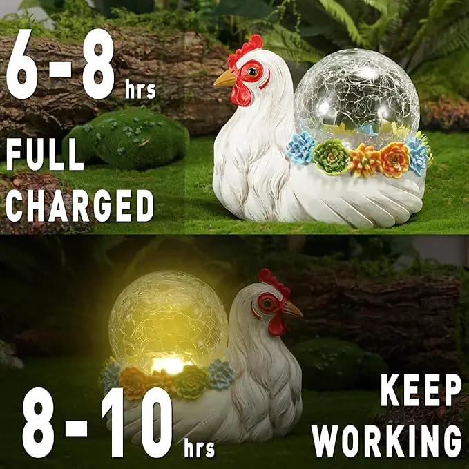 Solar Chicken Garden Statue Lights for Outdoor Decor with Cracked Glass LED Rooster Figurine Lighting Resin Succulent Hen Decorations for Patio Lawn Yard Home Housewarming Mom Wowen Gifts by GreenHaven Gardens