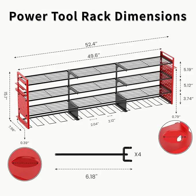 Power Tool Organizer Wall Mount with 12 Drills Holder, 49" Heavy Duty 4-Tier Power Tool Storage Rack, DIY Pegboard Side Panels,4 Long Hooks, Garage Metal Tool Shelf for Battery,Drills by GreenHaven Gardens
