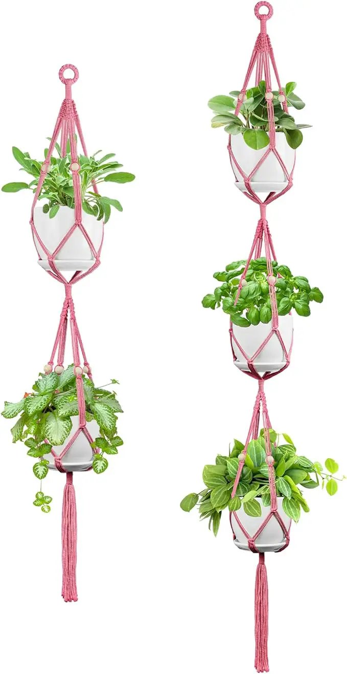 USLAI Macrame Plant Hanger Indoor Outdoor, Up to 4-15 inch Pot, Heavy 20lb Planters, Extra Long Strong Hanging Planter Basket Holder, Boho Home Decor, 49+72 Inch, Pink (POTS NOT Included) by GreenHaven Gardens