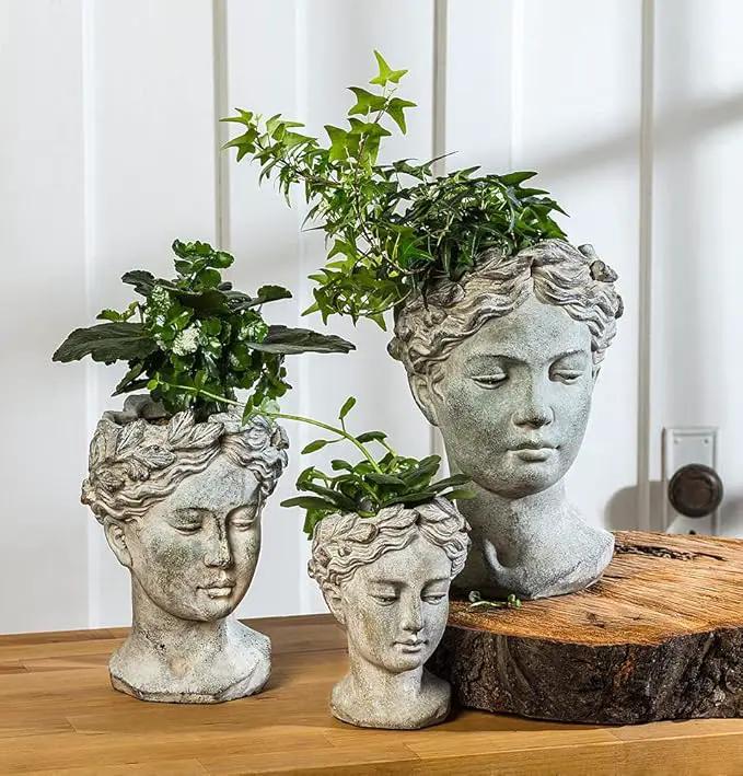 Abbott Collection Goddess Head Planter - Large Cement Indoor and Outdoor Planter Pot - Grecian Woman Statue Head Planter for Flowers and Succulents - Grey (10" H, 4.5" Opening) by GreenHaven Gardens