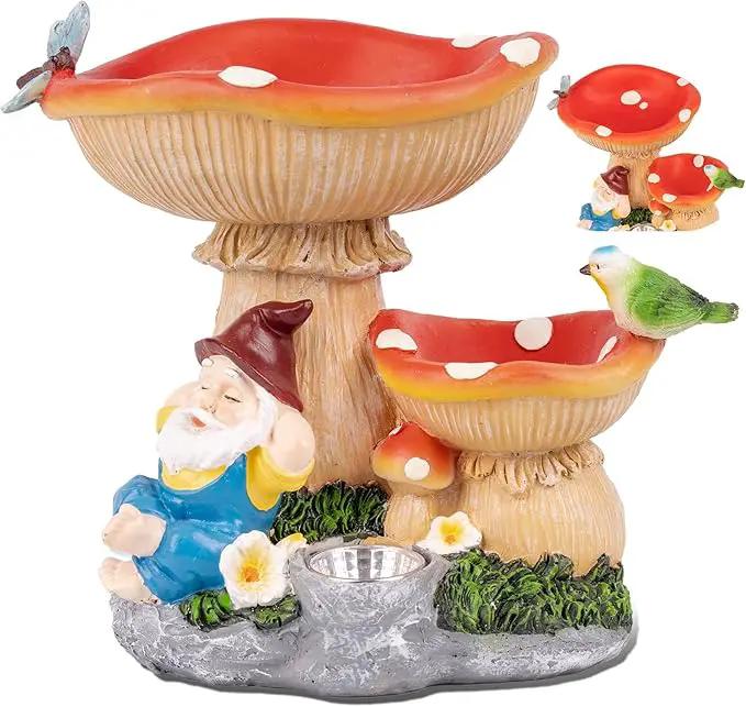 Solar Garden Statue Gnomes Figurine Lights, Bird Water Feeder and Gnomes who are Lazy Under Mushrooms, Outdoor Yard Decorations for Patio Porch Home, Garden Gifts for Women Mom by GreenHaven Gardens