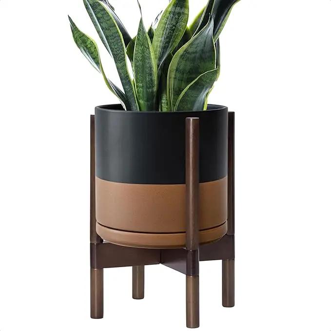 D'vine Dev Ceramic Planter with Walnut Color Stand - 10 Inch Modern Round Flower Pot with Wood Planter Holder, Black/Speckled Tan, 55-B-X-7 by GreenHaven Gardens