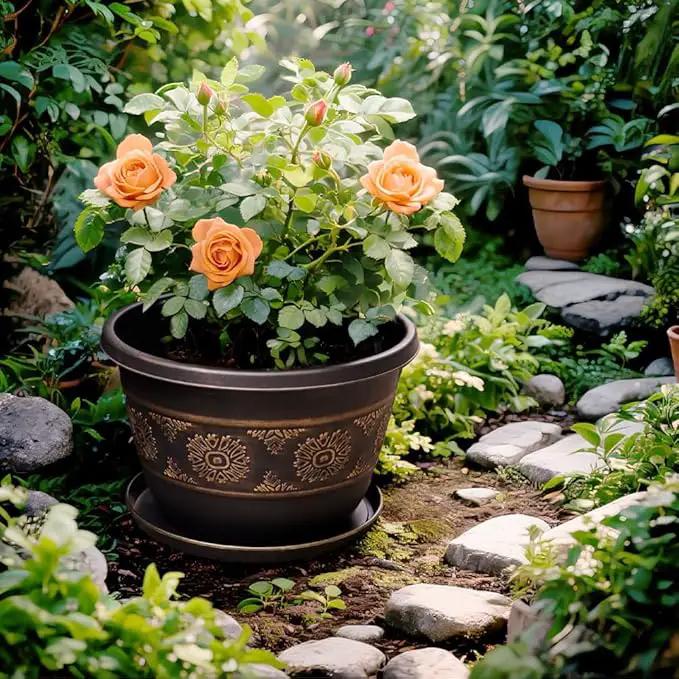 6 Pack 8 inch Plant Pots, Retro Pattern Planters with Drainage Holes and Saucer, Sturdy Plastic Garden Flower Pots for Indoor & Outdoor Plants by GreenHaven Gardens