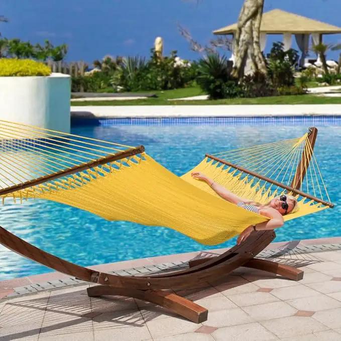 Lazy Daze Hammocks 10.5 FT Double 2 Person Caribbean Rope Hammock, Hand Woven Polyester Hammock with Spreader Bars, for Outside Outdoor Backyard Patio Poolside,450 LBS Capacity, Yellow by GreenHaven Gardens