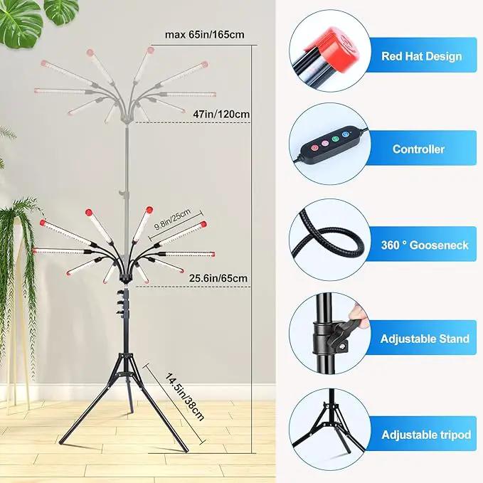 10-Head Grow Lights for Indoor Plants with Stand 90W, LED Plant Grow Light for Tall Houseplants, Bonsai Tree, Full Spectrum Growing Lamp with 4,8,12 Hr Timer, 24"-64" Adjustable Height by GreenHaven Gardens