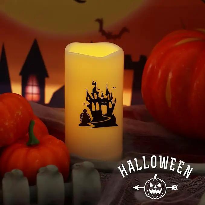 Halloween Outdoor Battery Operated Flameless Pillar Candles with Auto Daily Timer Waterproof Realistic Flickering Electric LED Lights with Spider Castle Decals Halloween Decorations 2 Pack 3X6” by GreenHaven Gardens