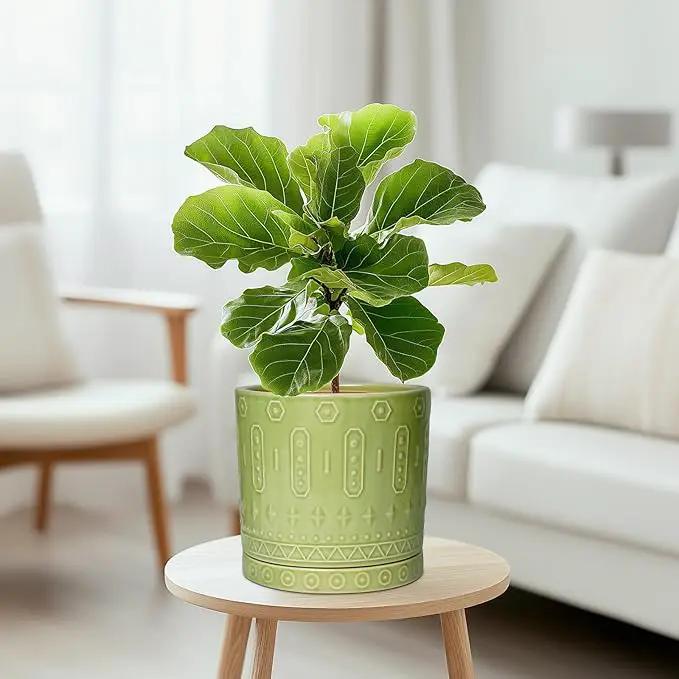 8 Inch Plant Pots - Ceramic Planter for Indoor Plants Outdoor, Round Ceramic Flower Pots with Drainage Hole and Saucer, Boho Decorative Planter, Home Bedroom Decor, Birthday Gifts, Green by GreenHaven Gardens