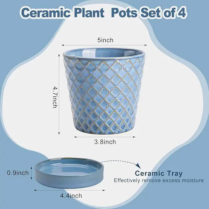 EFISPSS Plant Pots, 5 Inch Pots for Indoor Plants, Planters with Drainage Hole and Saucer, Ceramic Flower Pots Desktop Office Windowsill Decoration Gift Set of 4 - Sky Blue by GreenHaven Gardens