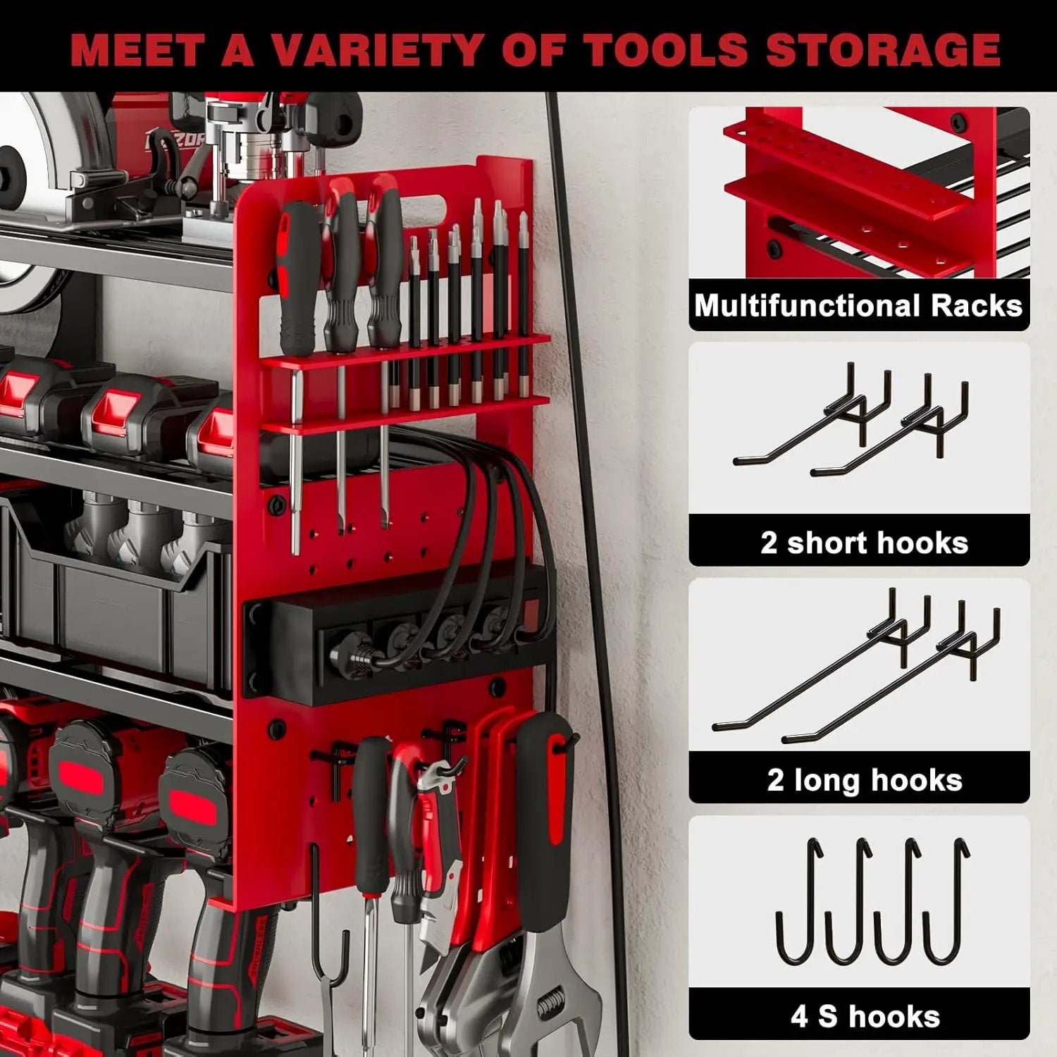 12 Cordless Drill Holder Large Power Tool Organizer Wall Mount with Side Pegboard & Screwdriver Holder, 4-Tier Heavy Duty Metal Tool Storage Rack with 4-Outlet Power Strip by GreenHaven Gardens