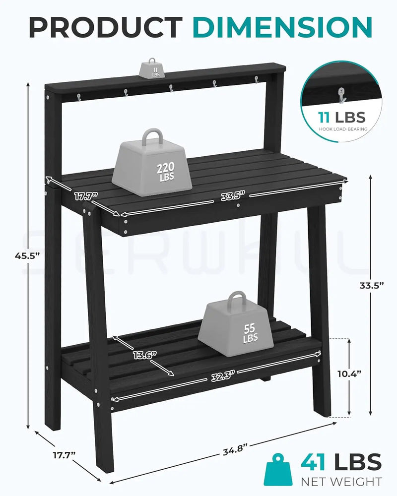SERWALL Potting Bench Outdoor with Storage, 3-Tier HDPE Gardening Table with Angled Legs & Tool Hooks, All-Weather Heavy Duty Potting Table for Patio, Backyard, Garden, Black by GreenHaven Gardens