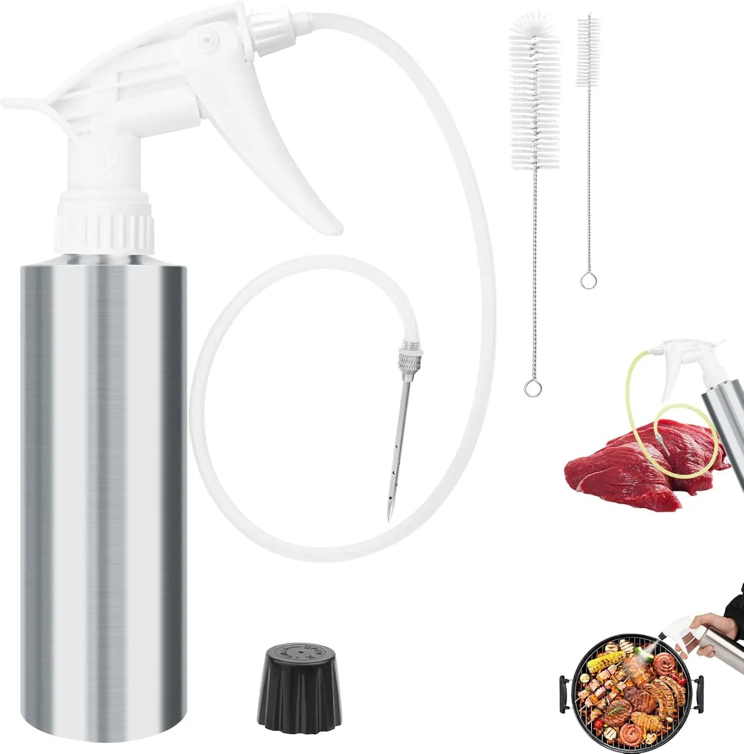 AHIER 2in 1 BBQ Spray Bottle, Turkey Marinade Injector Stainless Steel Grill Spray Bottle & Meat Injector with 2 PCS Cleaning Brush by GreenHaven Gardens