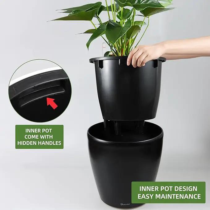 Dexceder 13x12 Self Watering Planter with Wheels Indoor Outdoor, Inner Pot Design, Thickened Large Floor Standing Flower Plant Pot with Water Level Indicator (Black Matte) by GreenHaven Gardens
