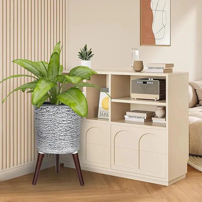 12 Inches Plant Pots with Stand Mid Century Flower Pots with Wood Legs Large Mode Cylinder Planter with Drainage Holes for Indoor Plants,Garden,Decorative-Grey by GreenHaven Gardens