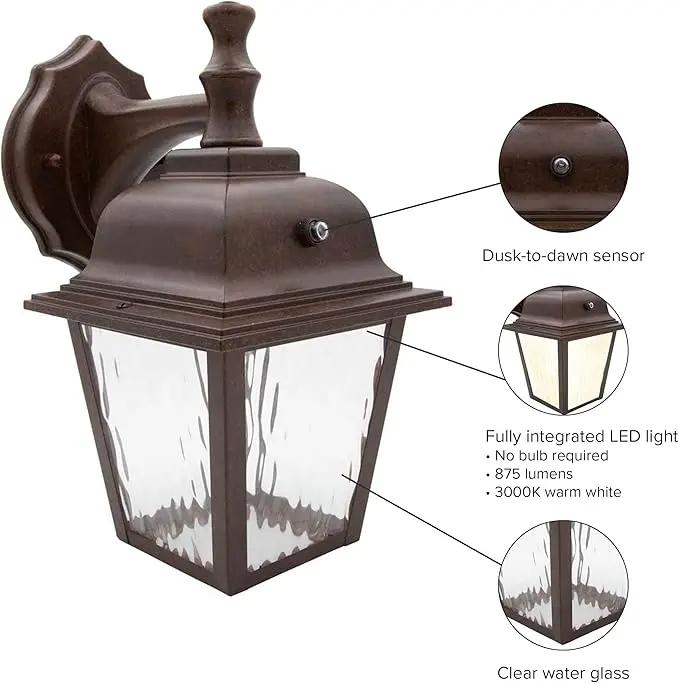Maxxima LED Porch Lantern Outdoor Wall Light Fixture - Aged Bronze, Clear Water Glass, Photocell Sensor, 875 Lumens, 3000K Warm White, Dusk to Dawn Light Sensor, Exterior Decorative Light by GreenHaven Gardens