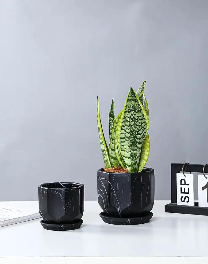 Black Plant Pot with Drainage Holes and Saucers, Ceramic Pots for Indoor Outdoor Plants, 4 & 5 Inch Premium Hand Glazed Sustainable Planters for Flower, Garden, Succulent, Nursery, Home Decor by GreenHaven Gardens
