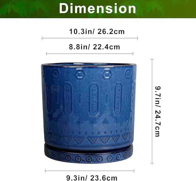 10 Inch Plant Pot - Ceramic Planter Outdoor Plant Pot Indoor with Drainage Holes and Saucer Large Flower Pot Round Decorative Planter for Garden Patio Decor Blue by GreenHaven Gardens