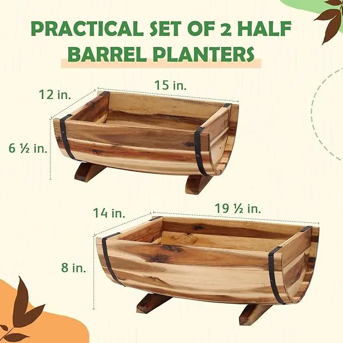 IDZO Solid Acacia Wood Half Barrel Planters Outdoor Set of 2 Different Sizes, Wooden Planters for Outdoor Plants with Metal Bands & Drainage Holes, Legs Included, Natural by GreenHaven Gardens
