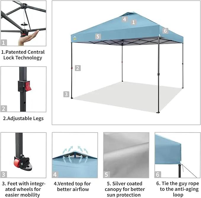 CROWN SHADES 10x10 Pop Up Canopy Tent - Patented Center Lock One Push Instant Outdoor Canopy Beach Tent with STO-N-Go Bag 8 Stakes & 4 Sand Bags，Cyan Blue by GreenHaven Gardens