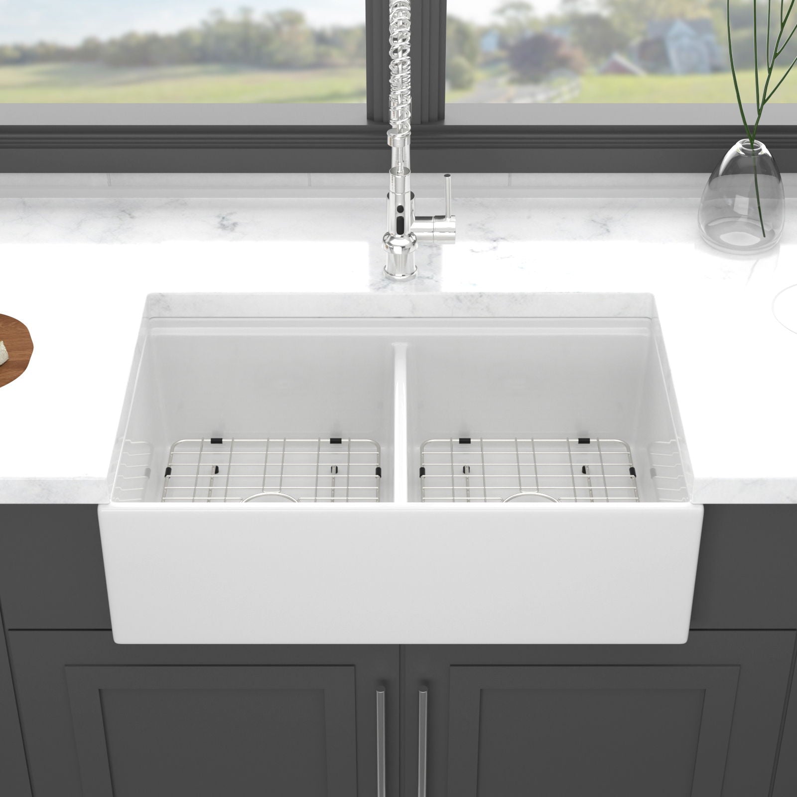 Farmhouse Sink Workstation 33" Ceramic Double Bowl Kitchen Sink With Ledges - White by HouseOfZazla