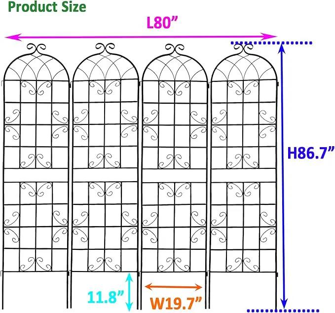 4 Pack Metal Garden Trellis 86.7" H Garden Fence Rustproof Trellis for Climbing Plants Support Roses Flower Outdoor Lawn Black by GreenHaven Gardens