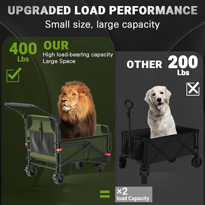 LEVELEVE Heavy Duty Folding Wagon - 2-in-1 Collapsible Cart, 400lb Capacity, All-Terrain Wheels w/Brakes & Side Pockets (Army Green) by GreenHaven Gardens