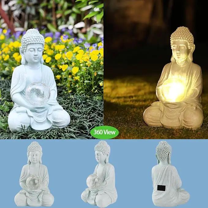Buddha Garden Statue with Solar Light, Solar Meditating Garden Buddha with Cracked Glass Ball Sculpture-Indoor/Outdoor Decor for Balcony,Garden,Patio,Porch Yard Art Ornament,Gift by GreenHaven Gardens