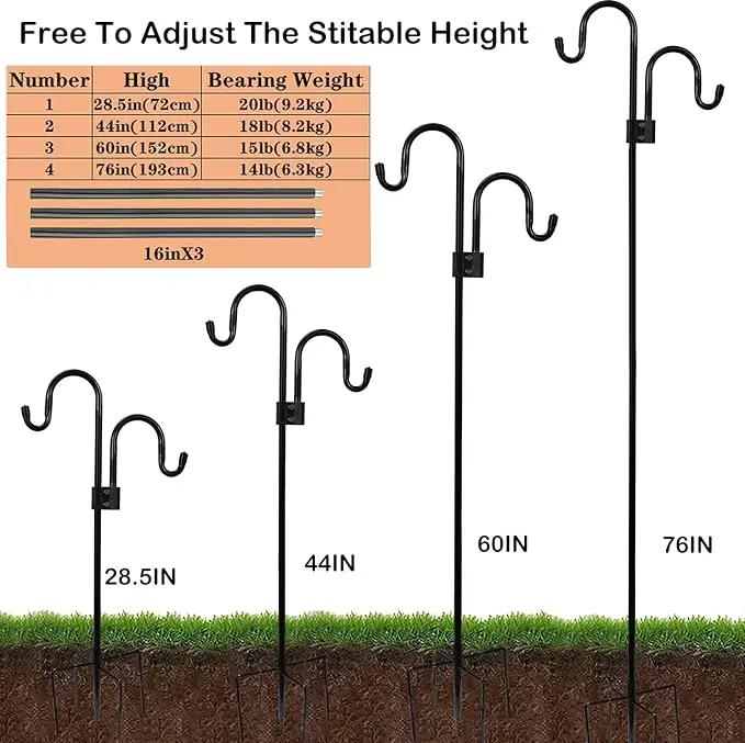 Double Shepherds Hooks For Outdoor 76 Inch, Heavy Duty Metal Bird Feeder Pole Stand With 5 Base Prongs, 28.5 To 76 Inch Adjustable Garden Holder For Hanging Plant, Wind Chimes, Wedding Garden Etc by GreenHaven Gardens