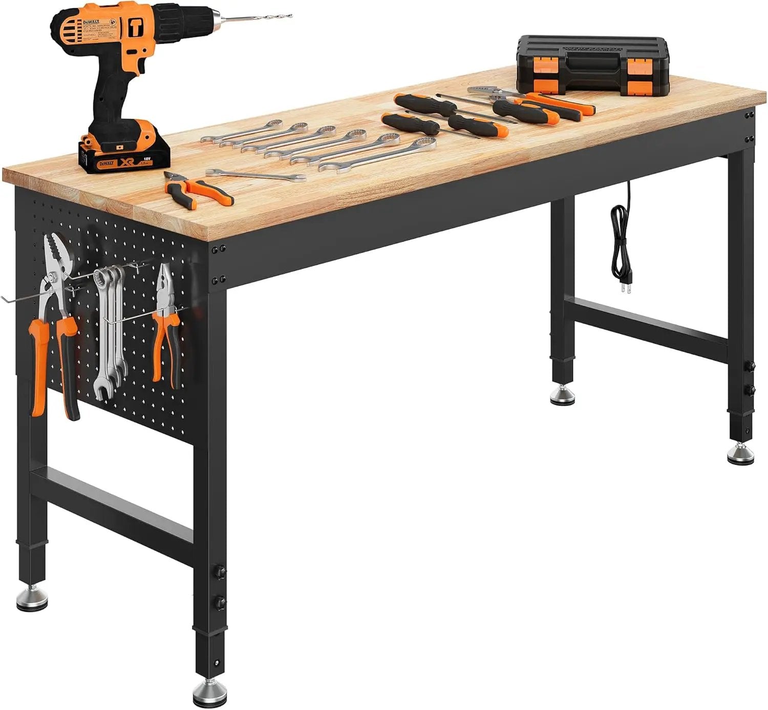 60" Adjustable Heavy Duty Workbench, 2000 LBS Load Capacity Rubber Wood Work Table with Pegboard, Power Outlets, Work Bench for Garage, Workshop, Office, Home, Commercial by GreenHaven Gardens