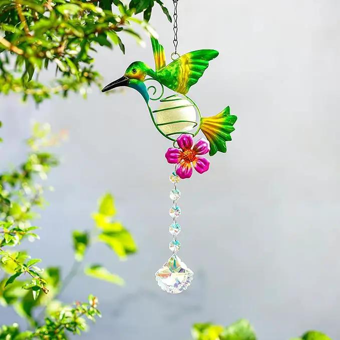 Stained Metal Hummingbird Suncatcher, Window Crystal Prisms Sun Catcher Hanging Ornament Rainbow Maker Bird Garden Wall Art Fence Decorations by GreenHaven Gardens