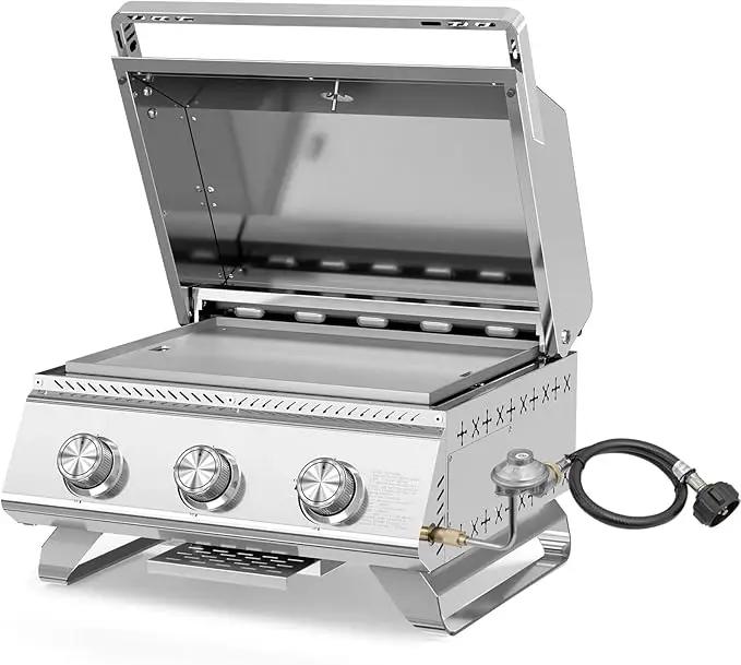 3-Burner 24,000 BTU Portable Flat Top Propane Gas Grill, Heavy-Duty Stainless Steel 2-in-1 Tabletop Grill and Griddle Combo for Commercial BBQ, Outdoor Cooking, Camping,Tailgates & Backyard by GreenHaven Gardens