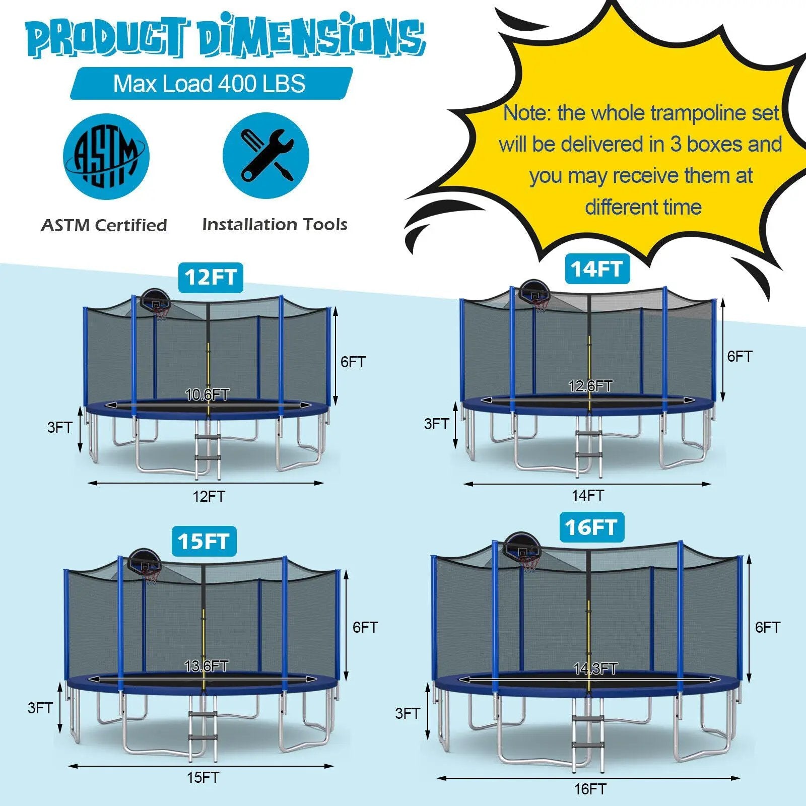 12/14/15/16 Feet Outdoor Recreational Trampoline with Enclosure Net-14 ft by DirectDeals