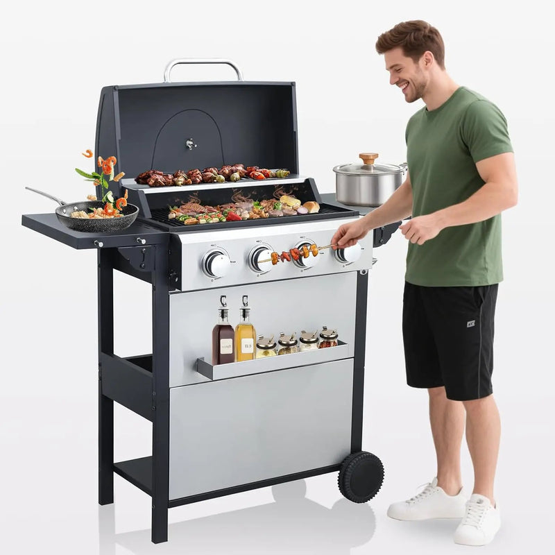 4-Burner Propane Gas BBQ Grill with Porcelain-Enameled Cast Iron Grates, 2 Foldable Side Table, 34,200 BTU Stainless Steel Grill for Outdoor Camping Barbecue Grilling Backyard Cooking by GreenHaven Gardens