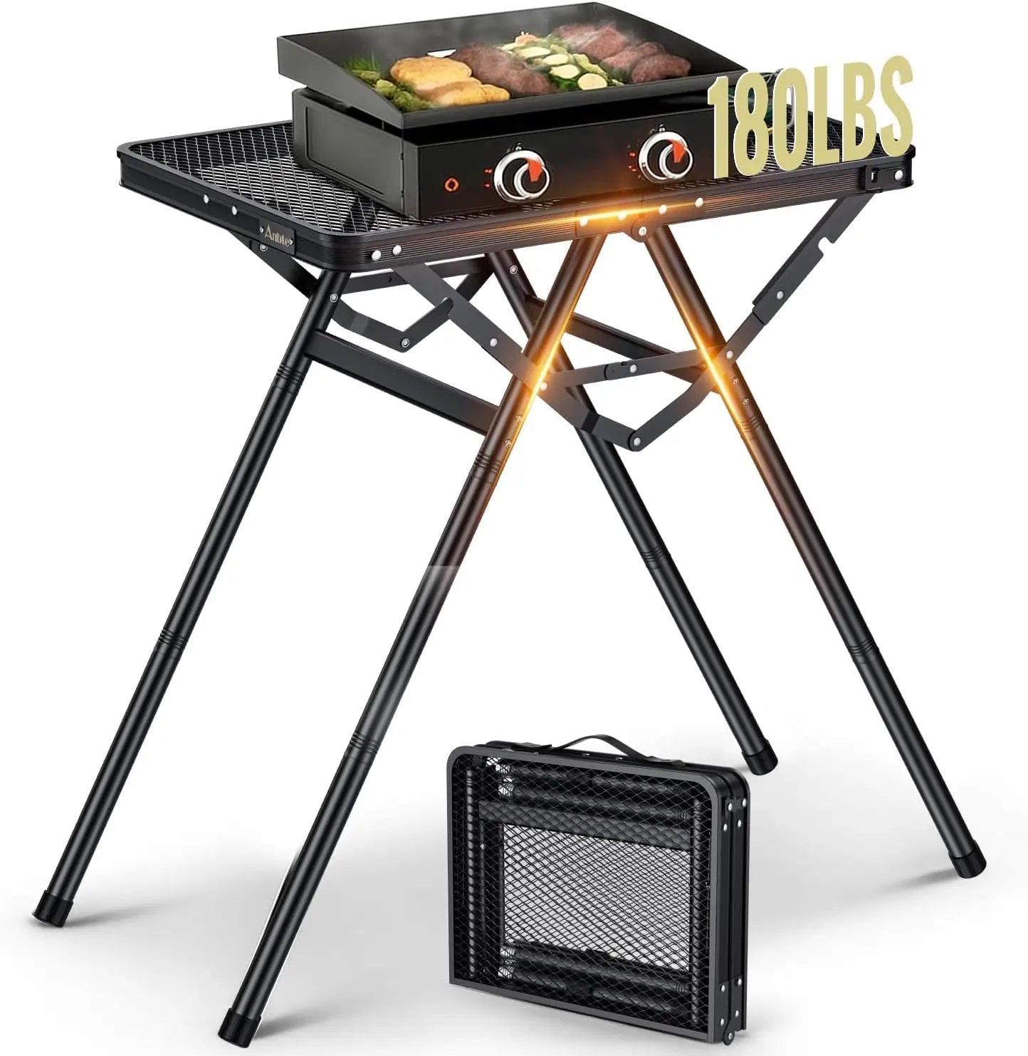 2ft Sturdy Folding Grill Table, Supports 180 Lbs, 2 Adjustable Height 28” Portable Grill Table, Heat-Resistant Tabletop, Folding Metal Table for Camping BBQ Cooking Backyard, 24" X 16", Black by GreenHaven Gardens